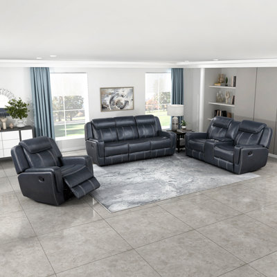 Briara Modern & Contemporary Breathable Faux Leather 3-Piece Reclining Set with Drop-Down Console, USB Charging & 360-Degree Swivel Glider