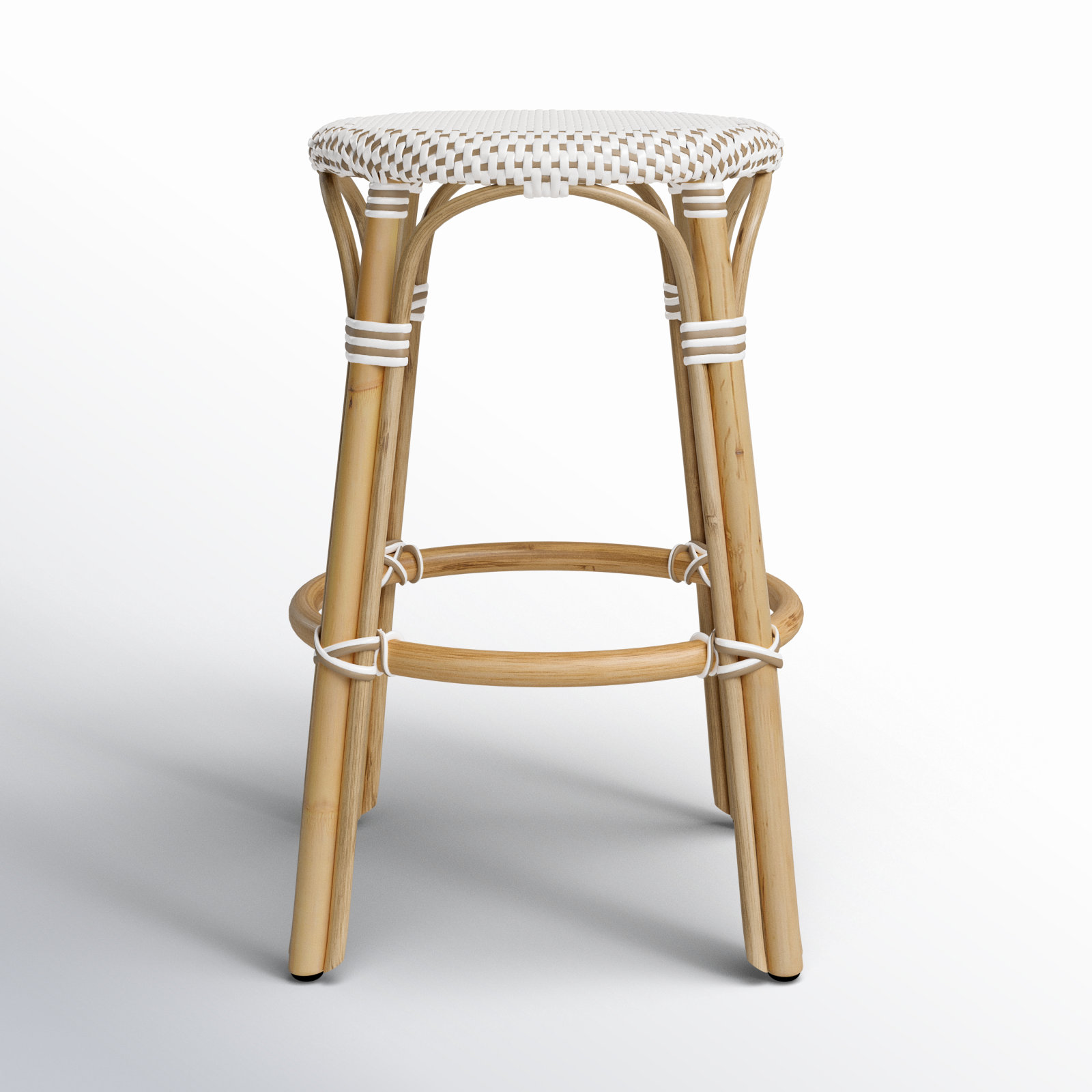 Alastair Bar Stool, Counter Stool (24" Seat Height), White/Tan Dot/Natural Rattan Frame