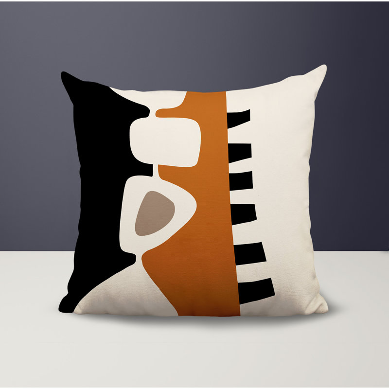 Oreiller carré réversible intérieur / extérieur Kanai, H 19 po x l 19 po, Orange brûlé / noir / blanc cassé abstrait