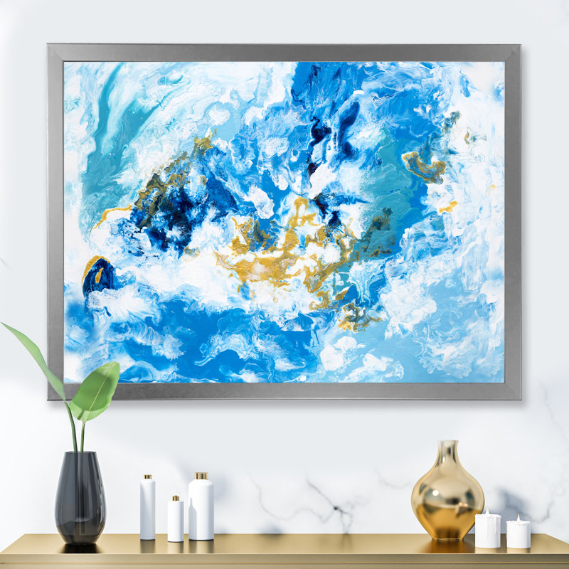 «Blue and White Liquide Waves II», peinture sur toile, H 12 po x l 20 po x P 1 po, Cadre photo argenté