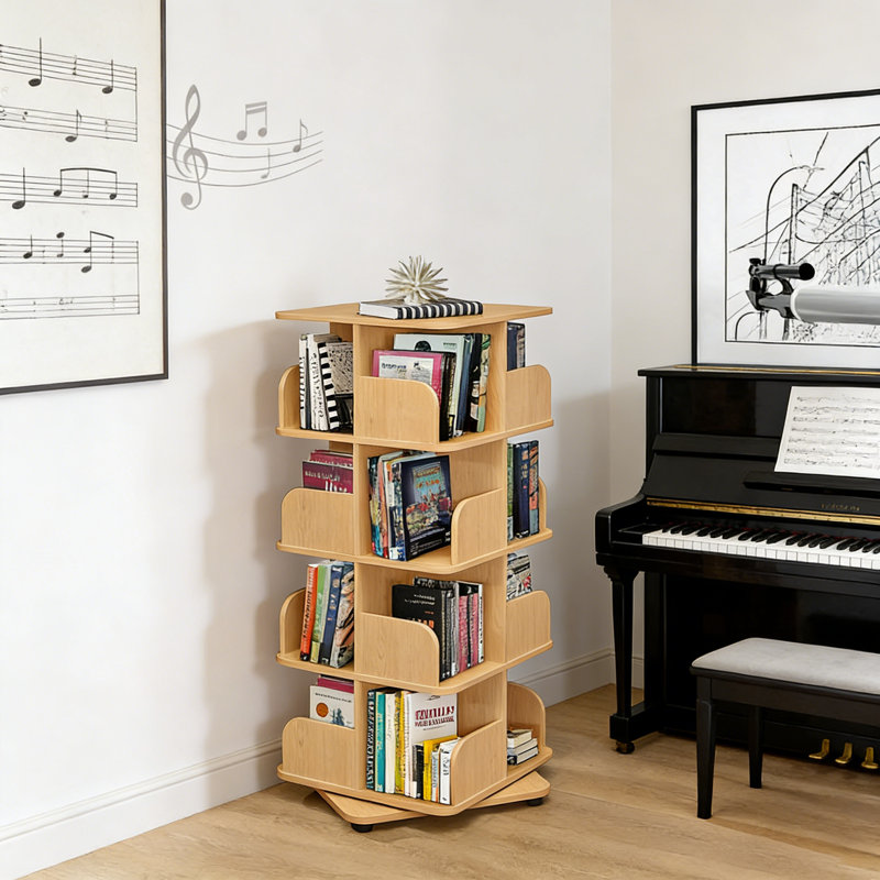4-Tier Revolving Bookcase,360° Swivel Media Storage Cabinet - Natural