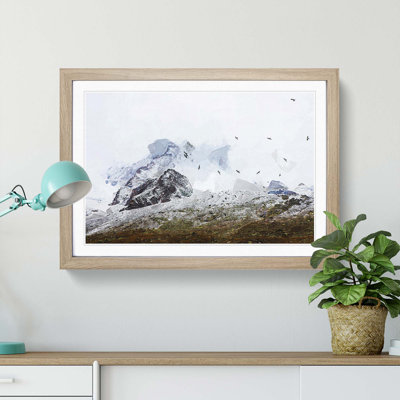 The Swiss Alps with a Flock of Birds in Abstract - Framed Print