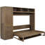 Lit double avec garde-robe, tiroirs, tablettes ouvertes et longue tablette en bois antique, décoration élégante et pratique
