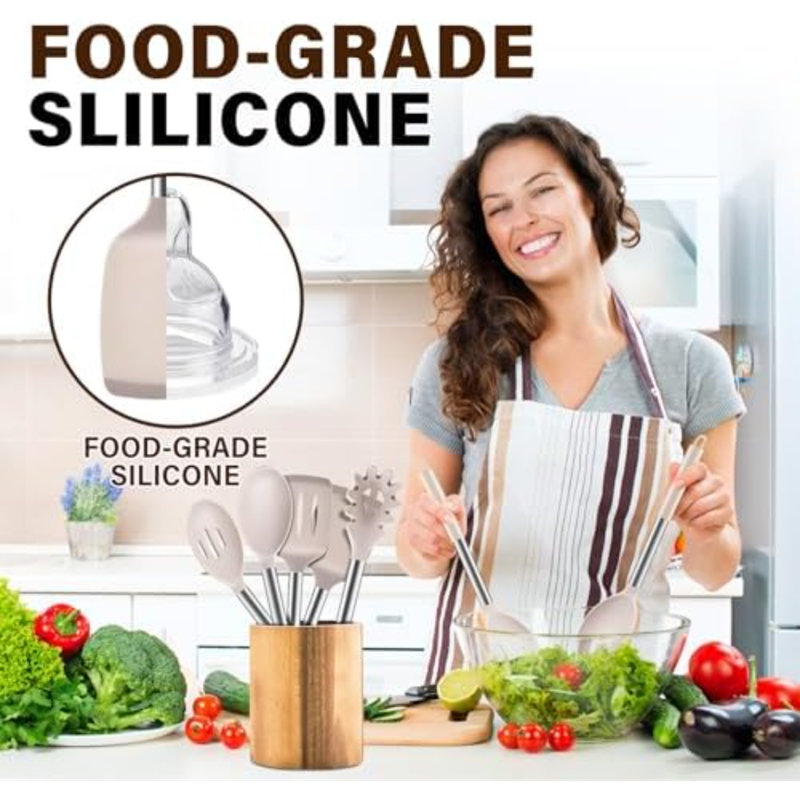 Ensemble de 5 ustensiles de cuisine en silicone résistant à la chaleur, comprenant une spatule pleine et ajourée, une cuillère et une pelle à pâtes. Parfait pour retourner les aliments dans les poêles antiadhésives. Couleur : kaki.