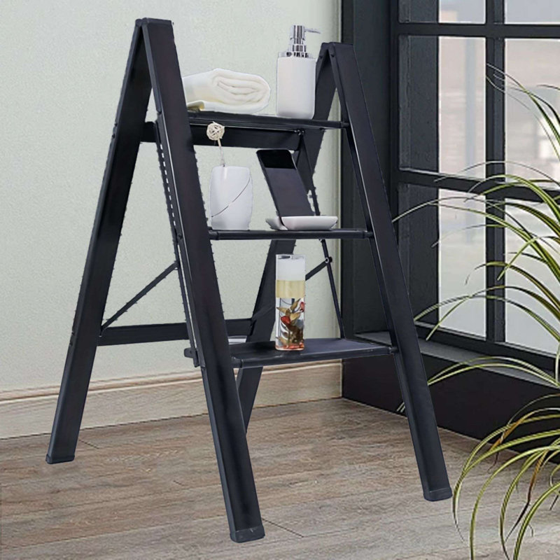 3 - Step Aluminum Lightweight Folding Step Stool, Black