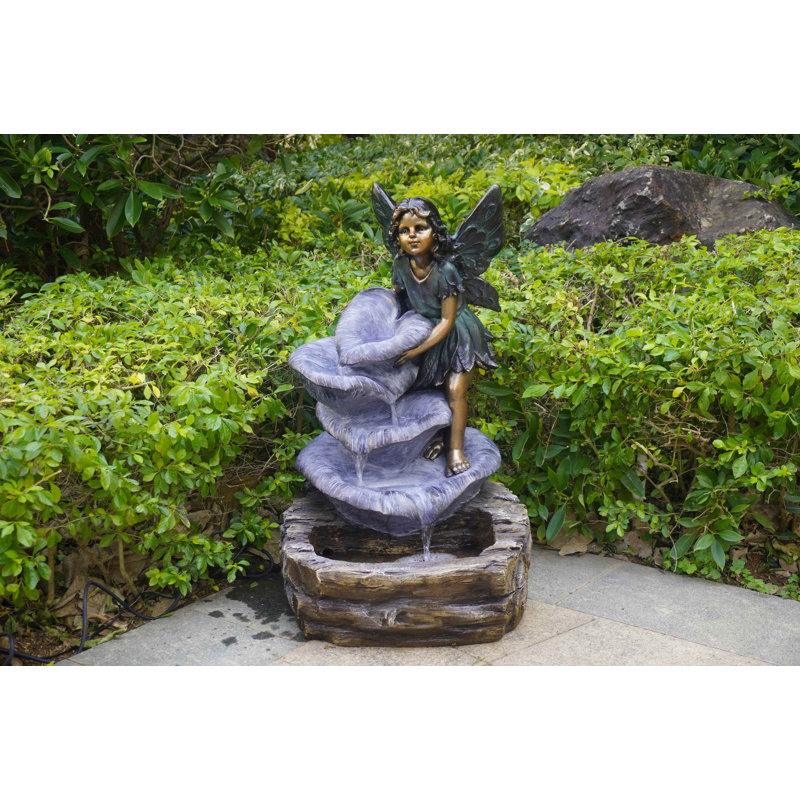 Fairy On The Rock Fountain with  2 White LEDS