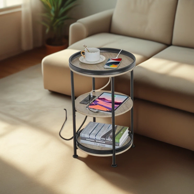 Industrial Round Side Table With Charging Station And 3 Shelves, End Table With USB Ports And Outlets For Living Room, Bedroom, Or Small Spaces