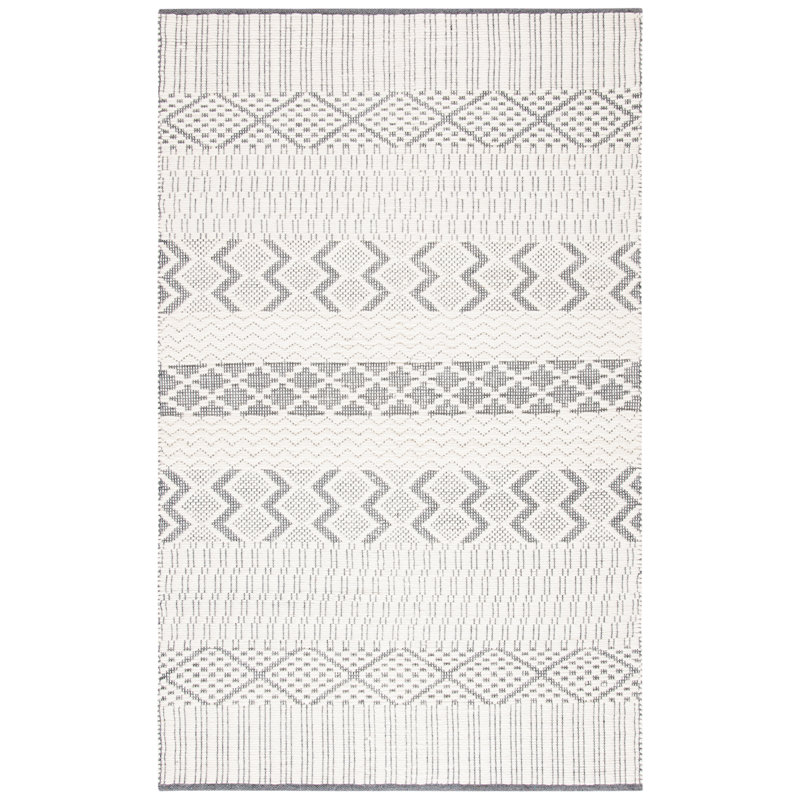 Ivory and Grey Handwoven Wool Geometric 8' x 10' Area Rug