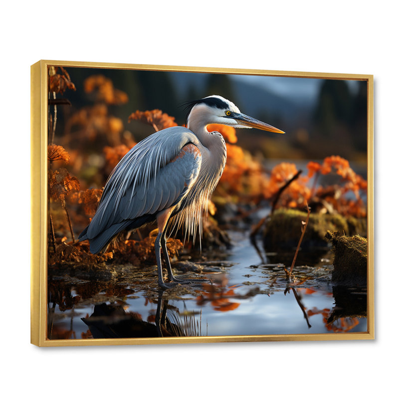 Heron Reflections Of Grace - Animals Wall Art Living Room, H 24 po x l 32 po x P 1 po, Cadre flottant doré