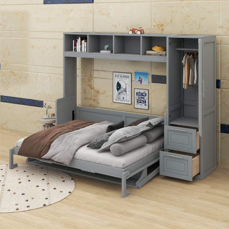 Grand lit escamotable avec placard et tiroirs, Gris