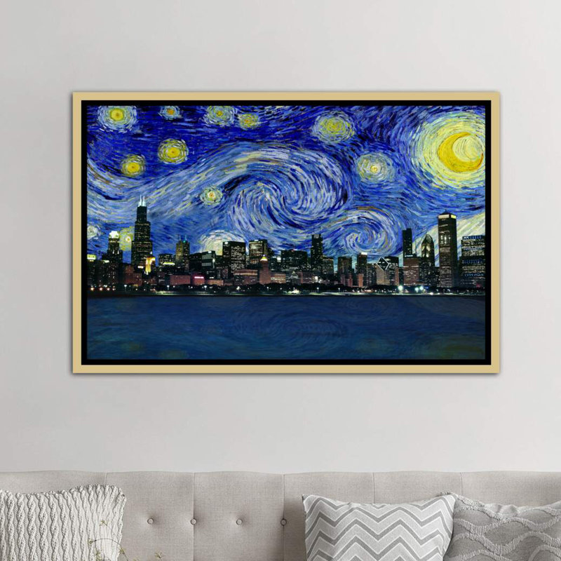 Chicago, Illinois, nuit étoilée, impression d'art graphique, H 40 po x l 60 po x 1,5 po, Toile avec cadre noir