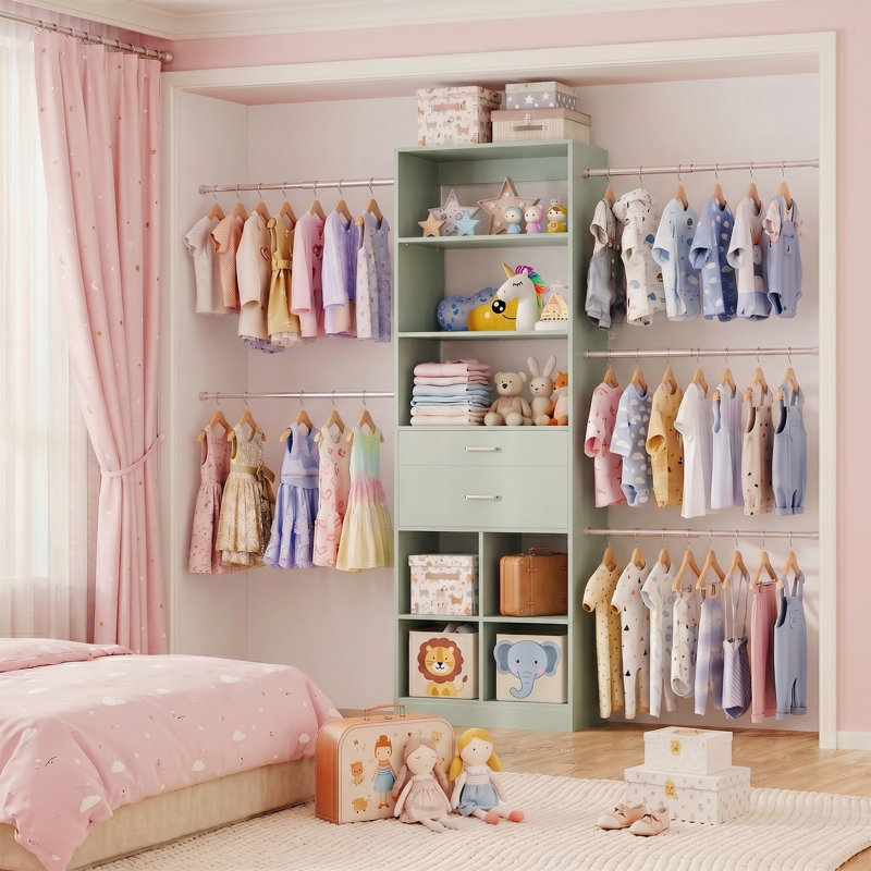 38.9-48.9”Closet System With Adjustable Rods & Drawers, Green
