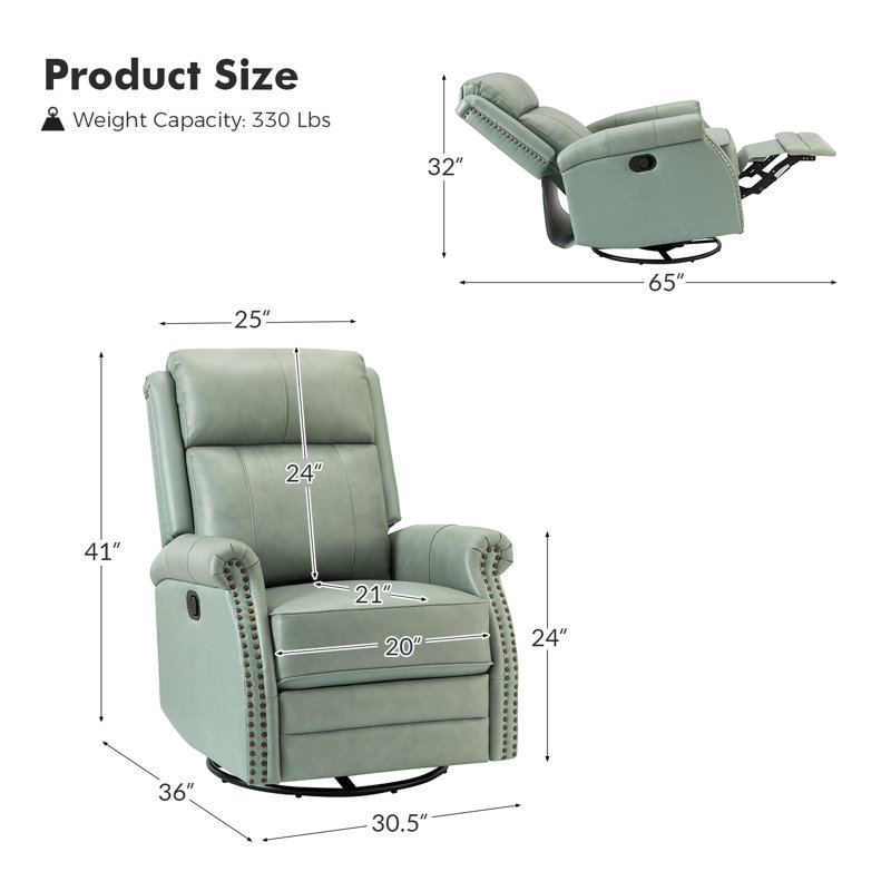 Anouschka 30.5" Wide Swivel Rocking Genuine Leather Manual Recliner, Sage Genuine Leather