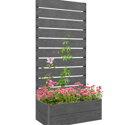 Jardinière surélevée avec treillis pour patio extérieur, bac à eau gris autoportant - drain de drainage, 28,68 po x 15 po 59 po, fabrication en bois texturé en plastique, capacité de plantation de 9 gallons, cadre en aluminium renforcé