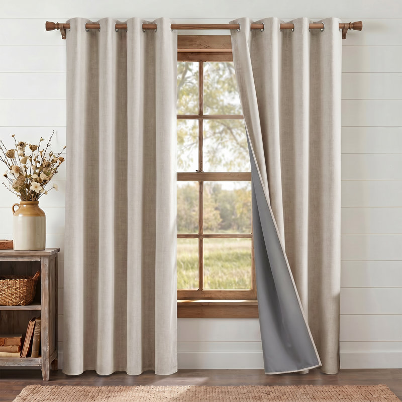 100% Blackout Linen Curtains for Bedroom, Burlap Linen Drapes with Thermal Insulated Grey Liner Grommet Noise Reducing Window Panels for Living room, 2 Panels