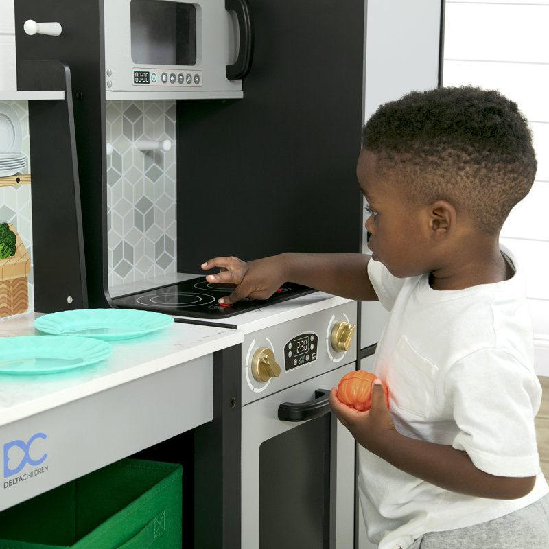 Delta Children Gourmet All-in-One Corner Play Kitchen - Toy Kitchen Playset with Realistic Stove Burners (Lights), Oven, Sink, Fridge/Freezer with Ice Maker and 20 Accessories (20 Pieces of Play Food & Utensils)