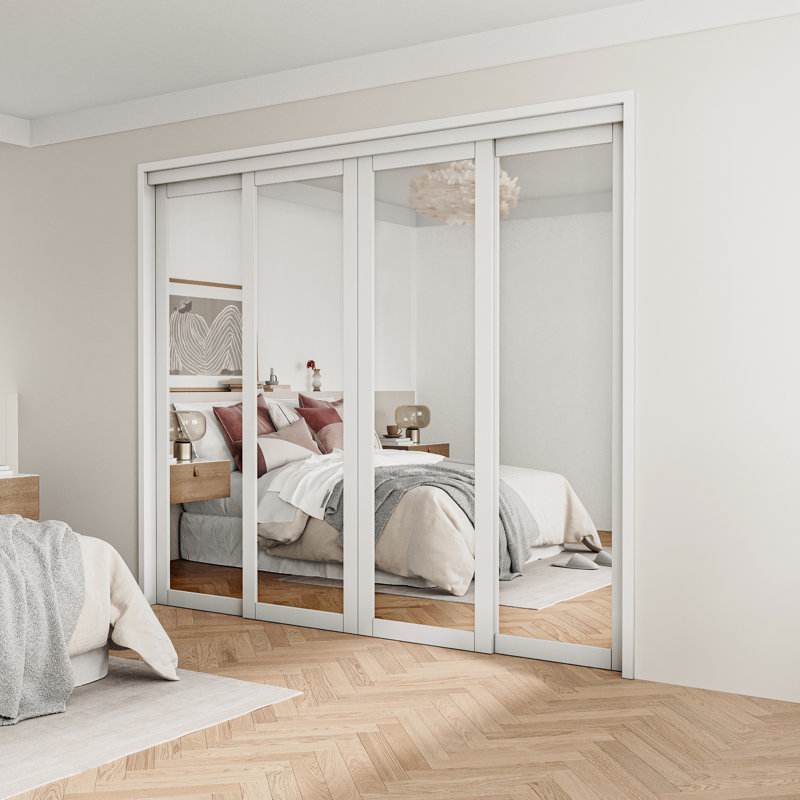 96 po x 80 po Porte de garde-robe coulissante double en verre à miroir complet avec quincaillerie pour cloison, 4 panneaux