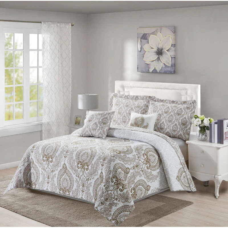  Ensemble de couvre-lit réversible en microfibre taupe / ivoire / gris-vert 5 pièces