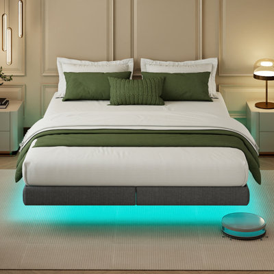 Cowen Floating Bed Frame with LED Lights Metal Slats Underbed Storage Space No Box Spring