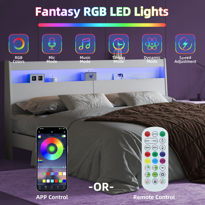FULL Size White Headboard Only with Storage, LED Light, Storage Shelves, Power Outlets, USB Ports & Skirting Slot, Full