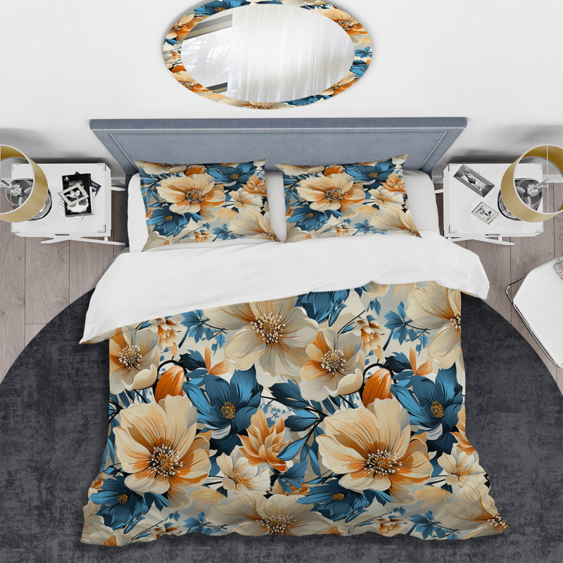 Ensemble de housse de couette à motif floral rétro beige et bleu Floral Nostalgia