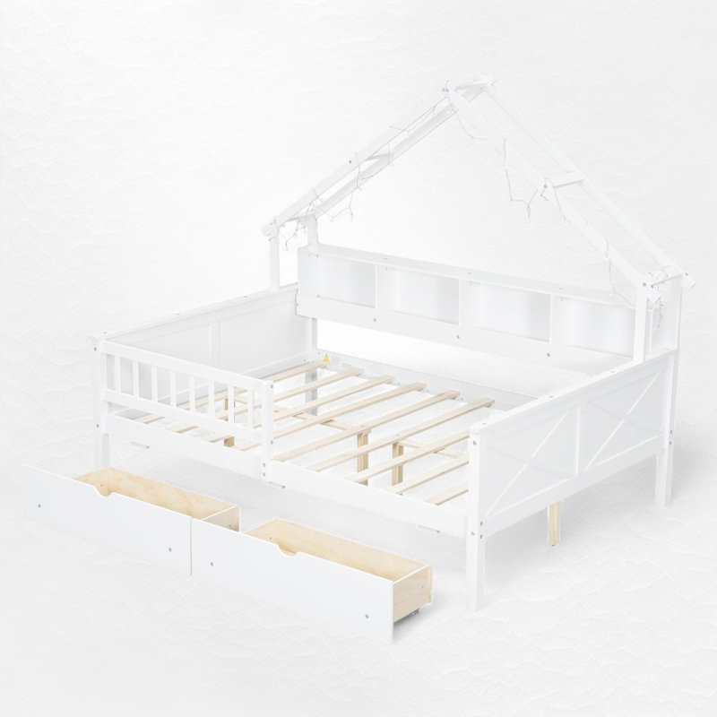 Full Size Wood Platform Bed With Storage And Guardrail, White