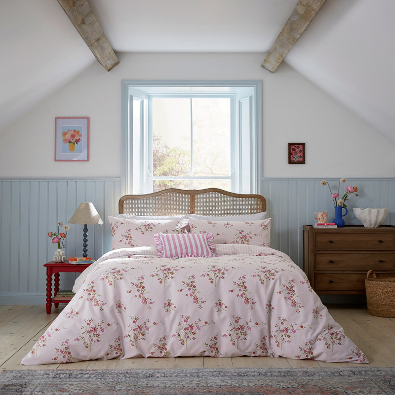 Blossom Print Cotton Duvet Cover Set, King Duvet Cover + 2 Standard Pillowcases, Pink