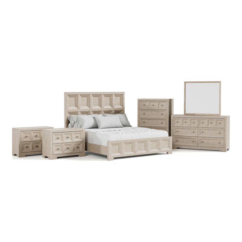 Ensemble de chambre à coucher 6 pièces Schell, Beige, Grand, 6 Pcs: Bed, 2 Nightstands,Dressers,Chest, Mirror