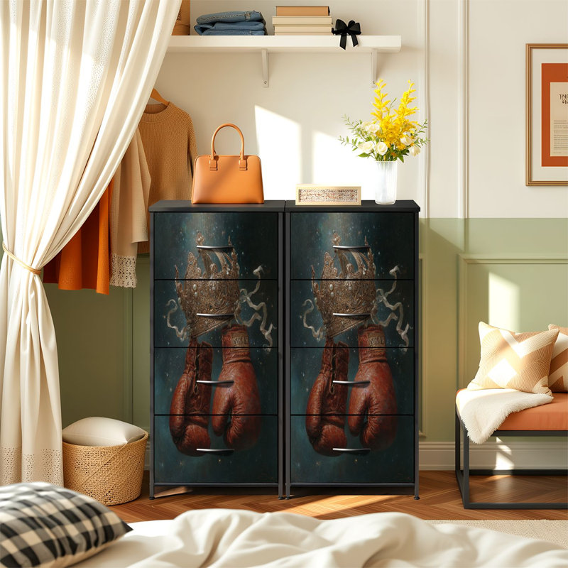 Commode pour la chambre à coucher avec 4 tiroirs de rangement Gants de boxe rétro ornés d'une couronne dorée contre les commodes étoilées foncées Commode en acier avec cadre en placard