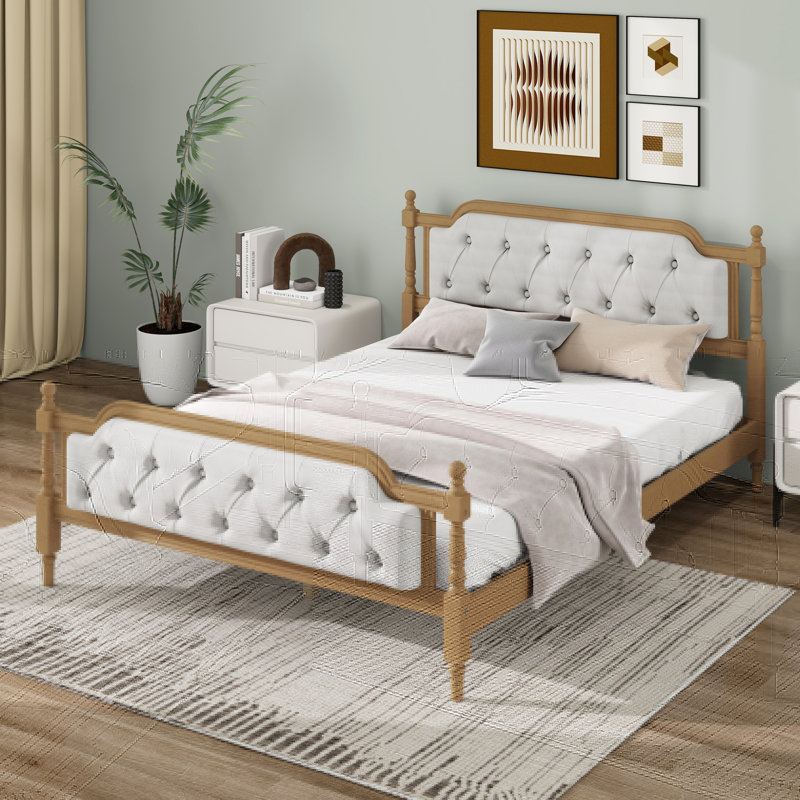 Upholstered Platform Bed with Headboard, Queen, Walnut
