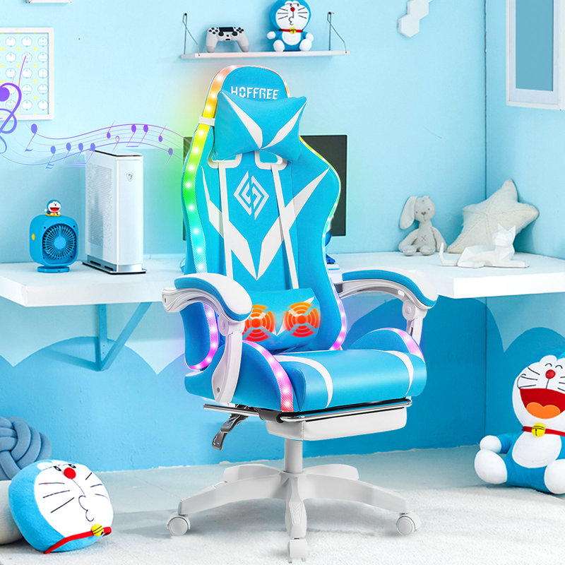 Hoffree Massage Ergonomic Gaming Chair with Bluetooth Speakers and RGB LED Lights, Blue/White