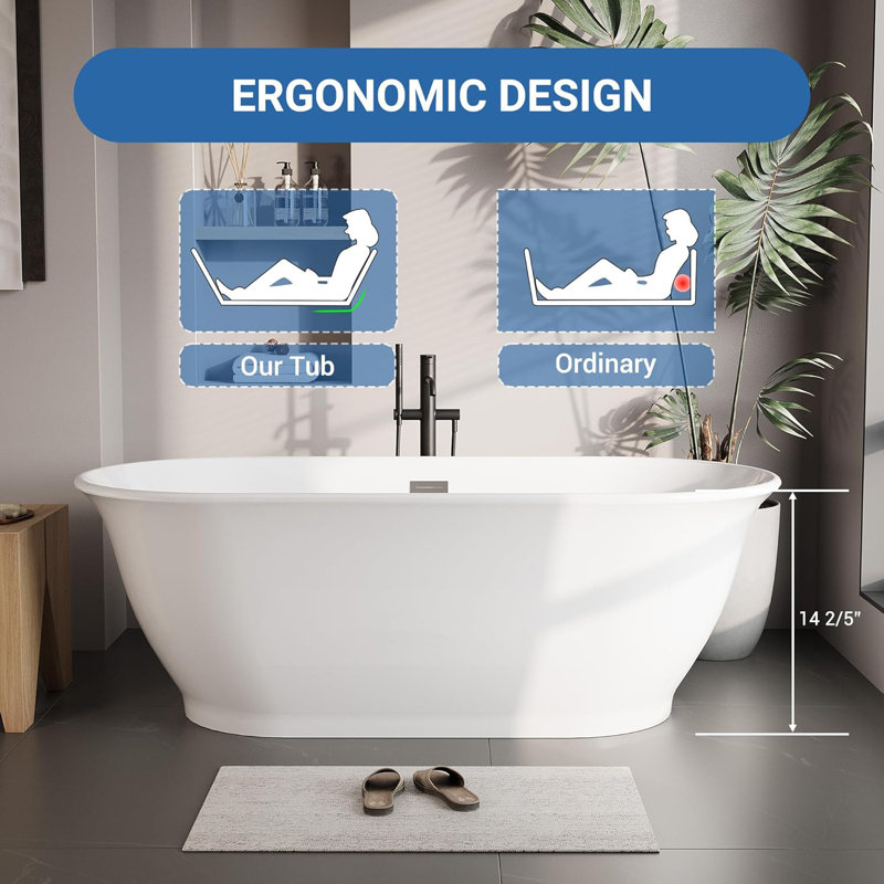 Acrylic Freestanding Bathtub, Luxury Oval Soaking Tub, Modern White Stand Alone Bath with Chrome Drain and Overflow, Deep Soaking Tub for Bathroom
