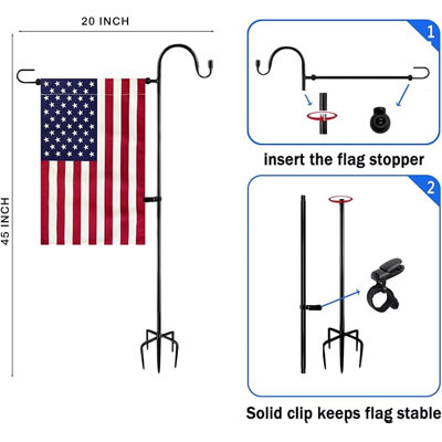 Porte-drapeau de jardin en métal robuste de 45 pouces avec base à 5 branches - Porte-drapeau extérieur antirouille avec pince anti-vent et bouchon pour la décoration de pelouse, de jardin, de jardin