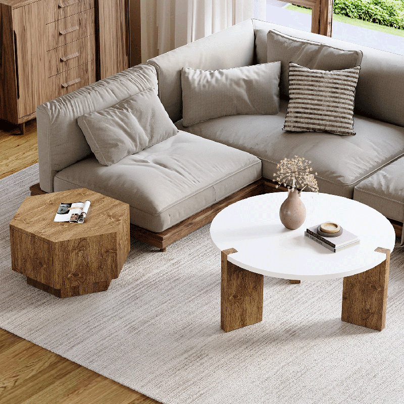 Modern 2 Piece Round Nesting Coffee Table Set With Drawer