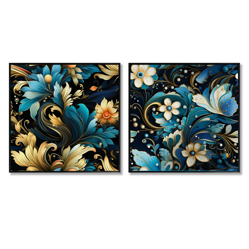 Ashbourne - Ensemble de 2 collages floraux et botaniques carrés, Cadre flottant noir, H 16 po x l 33 po
