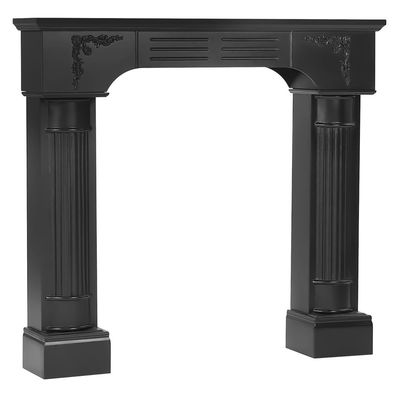 Black Fireplace Mantel, Rustic Freestanding Surround Mantel For Fireplace With Decorative Pattern, Wooden Mantle With Leg For Living Room, Anti-Tipping & Waterproof, 43.27" W X 39.67" H