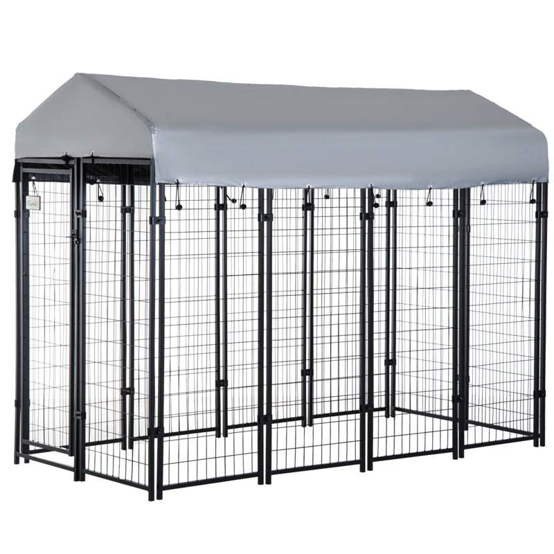 Chenil d'extérieur pour chien 8 'x 4' 6 '- accès verrouillable, auvent d'eau, pour parc de chien moyen / grand avec porte et dessus moyen grand