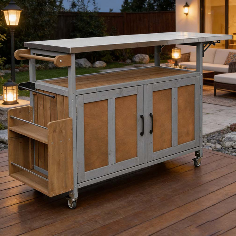 Îlot de cuisine pliable pour l'extérieur avec chariot verrouillable, Espresso, gris