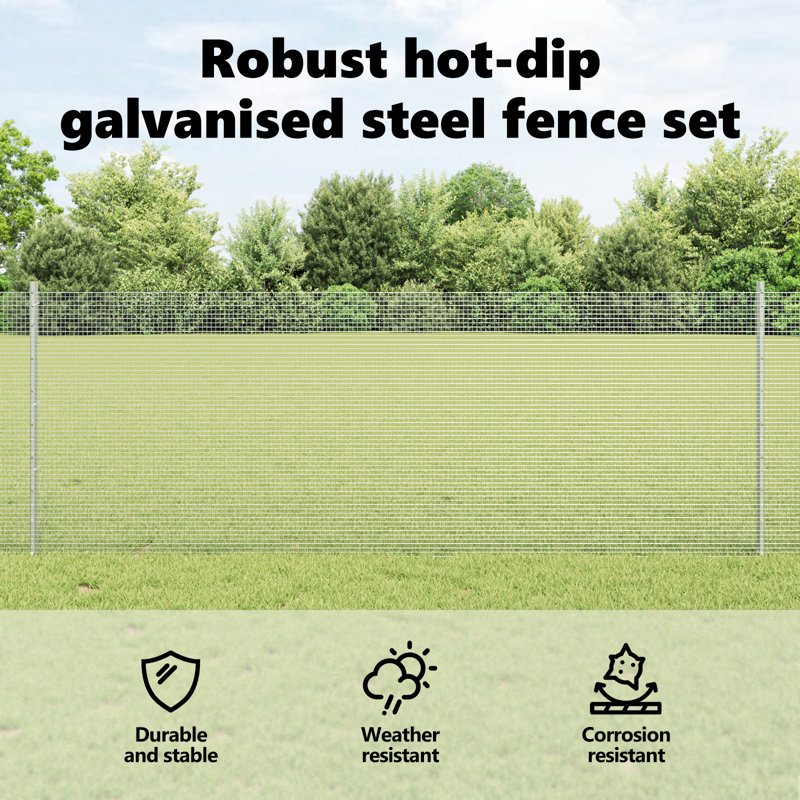 Vidaxl Fence With Posts Steel, Silver, 80cm H x 1000cm W x 2.7cm D