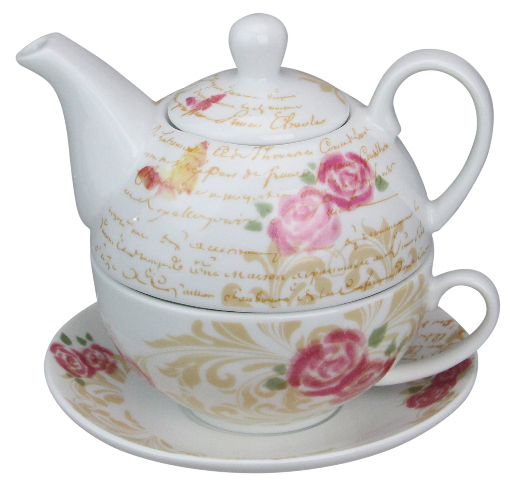 One Allium Way® 3piece White and Pink Ceramic Floral Stackable Tea Set Wayfair