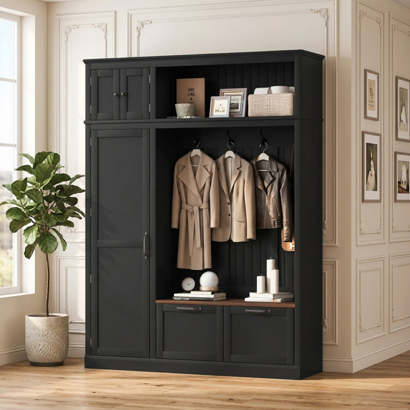 Grooved Back Panel Design Hall Tree with 3 Adjustable Side Shelves and 4 Hooks and 2 Spacious Drawers, Black