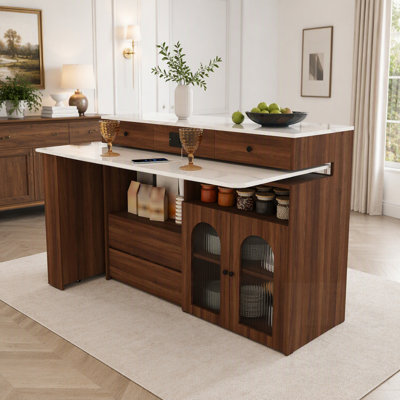 Îlot de cuisine avec table tournante et extensible, panneau de fibres à densité moyenne avec placage, design rétro, 4 tiroirs et armoires à portes en verre, prise intégrée, salle à manger extensible pour 2 à 4 personnes