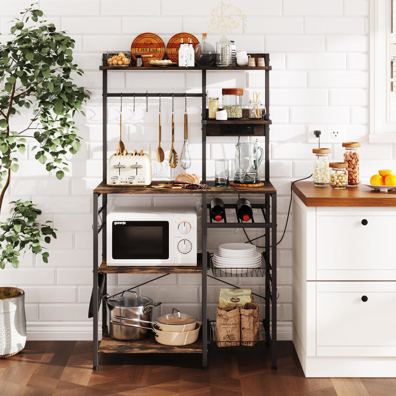 Large Bakers Rack With Power Outlets, Microwave Stand,Kitchen Shelf With Wire Basket