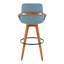 Tabouret 29 "de hauteur fixe avec pivot en bambou noyer et tissu bleu avec repose-pieds rond en métal noir