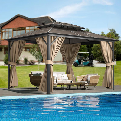 Pavillon de jardin pergola en aluminium 10 po x 13 pi, toit en polycarbonate double, structure en métal robuste, filet et rideaux pour le patio