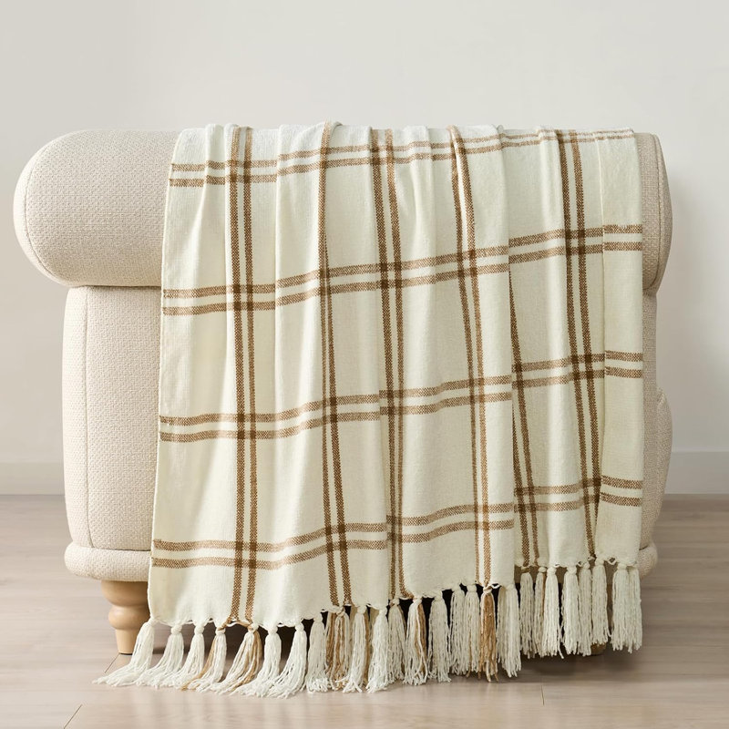 Jeté en chenille douce, L 60 po x l 50 po, Crème / carreaux beige