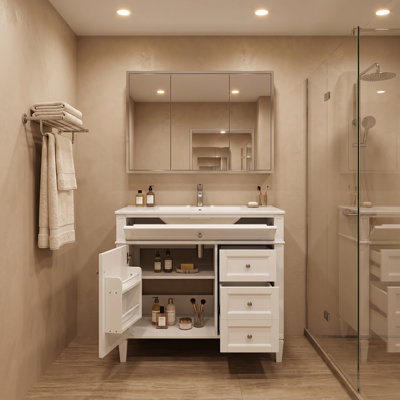 Meuble-lavabo minimaliste moderne de 30 po avec lavabo supérieur - 2 tiroirs, tiroir escamotable et organisateur de porte, armoire de rangement autoportante pour petites salles de bain ou salles d'eau