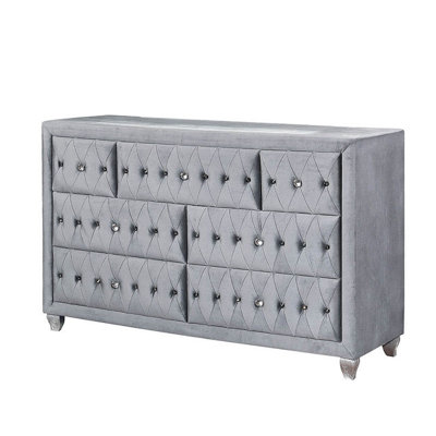 Rea Wide Dresser, 7 Drawers With Crystal Knobs, Gray Velvet Upholstery