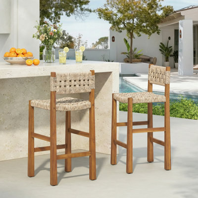 Breezia Bohemian Coastal Modern Acacia Wood and PE Wicker Rope Outdoor Bar Stools with Hand-Woven Seats