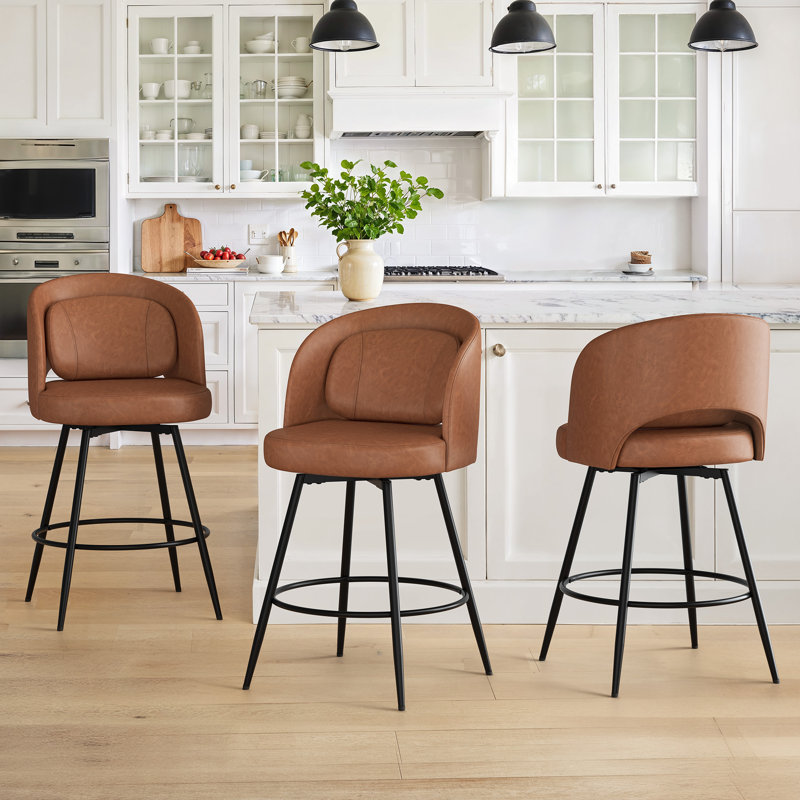 Tabouret de comptoir pivotant H 26 po avec structure en métal, Brun / similicuir, 3